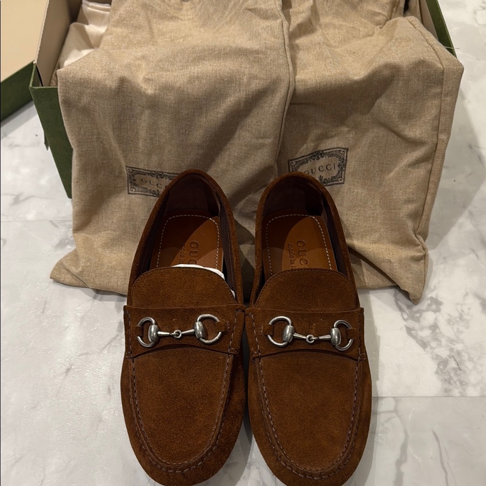 Gucci Men's Tan Suede Loafers with Silver Accents